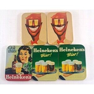 Vintage Heineken Beer Coasters Lot of 5 Woman Bier Smiling Man 1970s RARE